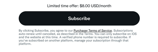 Twitter Subscribe button as of 12/15/22. Image Cortesy Twitter.
