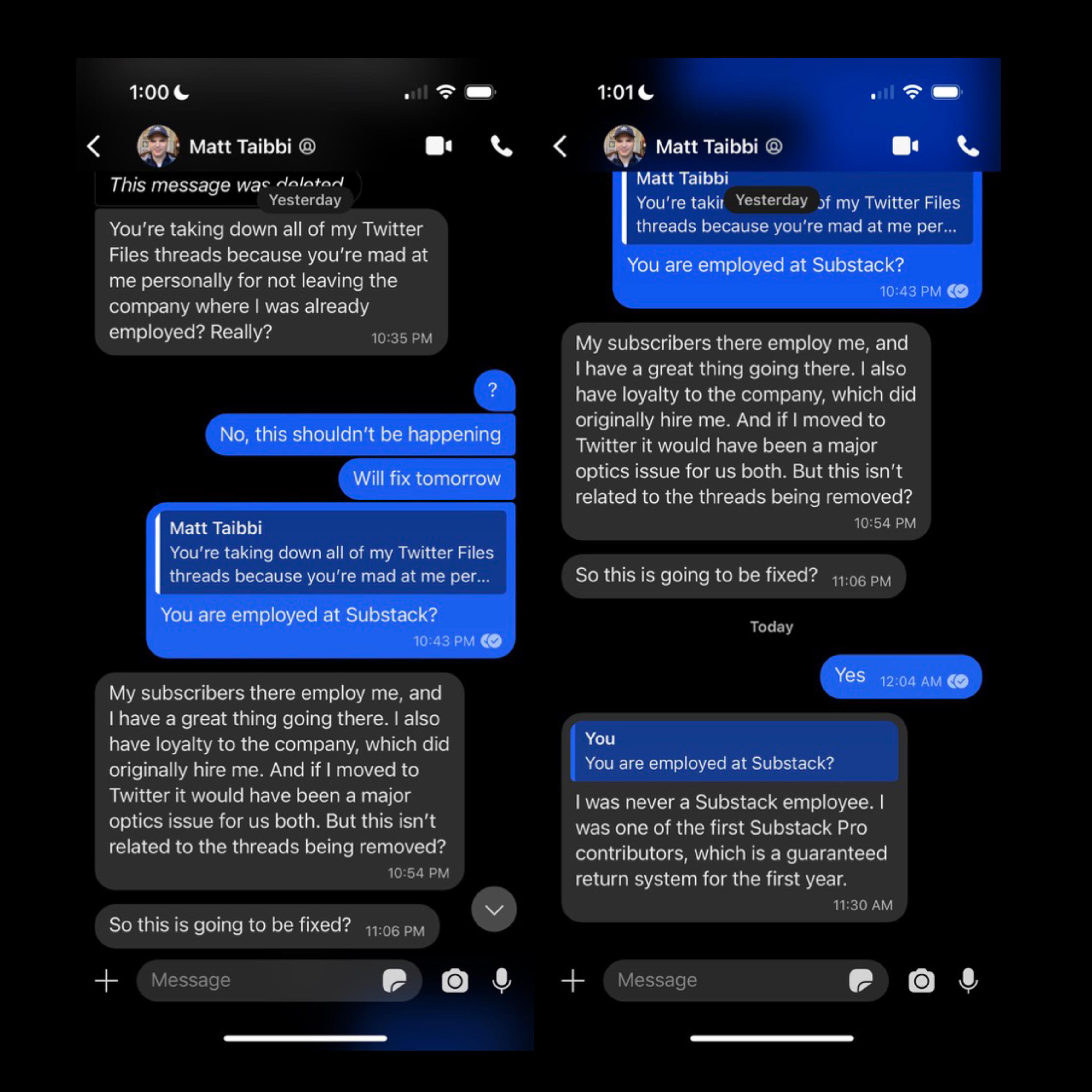 Message thread with Elon Musk and Matt Taibbi. Used with permission. Image was also public on Twitter on April 10 for about 1 hour.