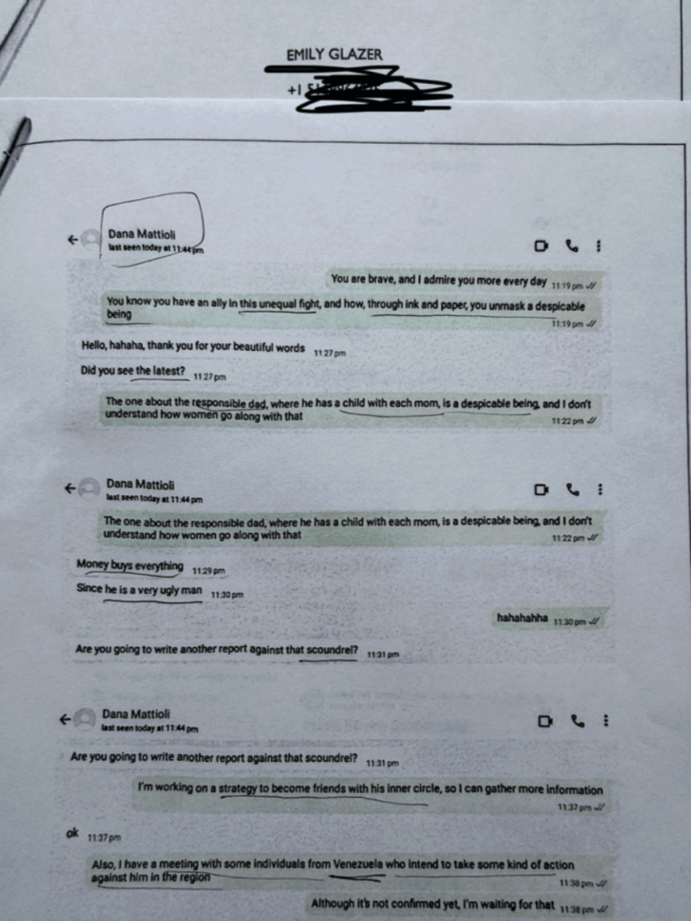 Emily Glazer (WSJ) to Dana Mattioli (WSJ): 'Also, I have a meeting with some individuals from Venezuela who intend to take some kind of action against him in the region.'
Glazer also reveals she’s working on a strategy to befriend Musk’s inner circle to gather more information, while the two journalists trash him as a 'despicable being,' 'scoundrel,' and 'very ugly man' — all while praising each other for 'unmasking' him through 'ink and paper.'
Straight from the printed WhatsApp receipts dropped by @HansFreemanNow.