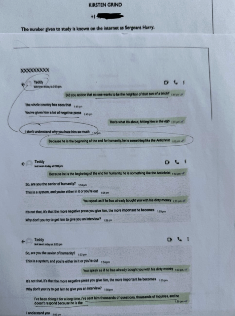 Kirsten Grind (NYT) to Teddy Schleifer: 'Because he is the beginning of the end for humanity, he is something like the Antichrist.'
She then explains that the strategy is to hit him in the ego with negative press — while admitting it actually makes him more important.
Straight from the printed WhatsApp receipts dropped by @HansFreemanNow.
